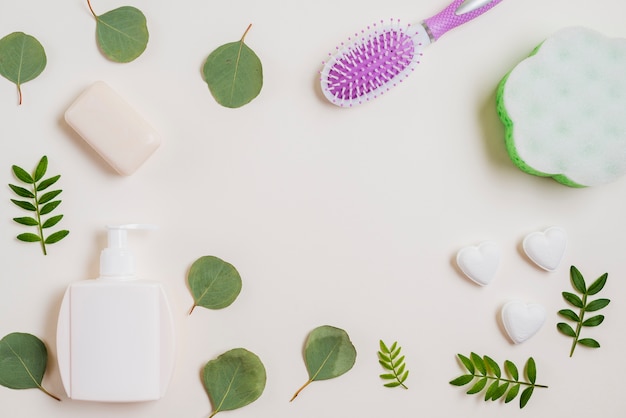 Soap, Hairbrush, Dispenser Bottle, and Green Leaves on White Backdrop