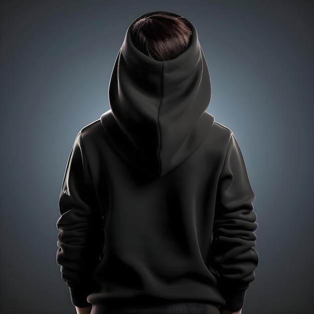 Hooded man in a black hoodie on a gray background