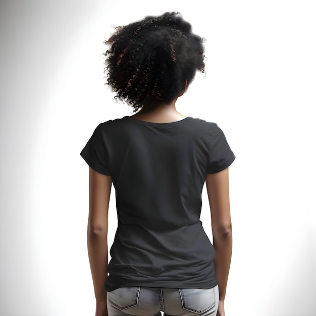 Rear View of African American Woman in Blank T-Shirt