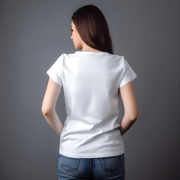 Back view of woman wearing blank white t-shirt on grey background