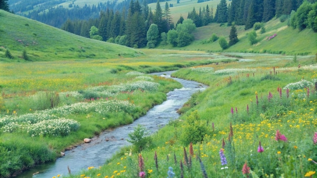 Serene Creek Meandering Through a Lush Green Valley with Wildflowers