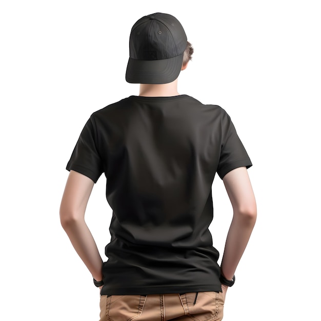 Back view of man in black t-shirt isolated on white background