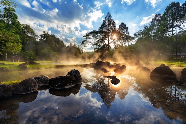 Chae Son Hot Spring National Park at sunrise in Lampang province, Thailand