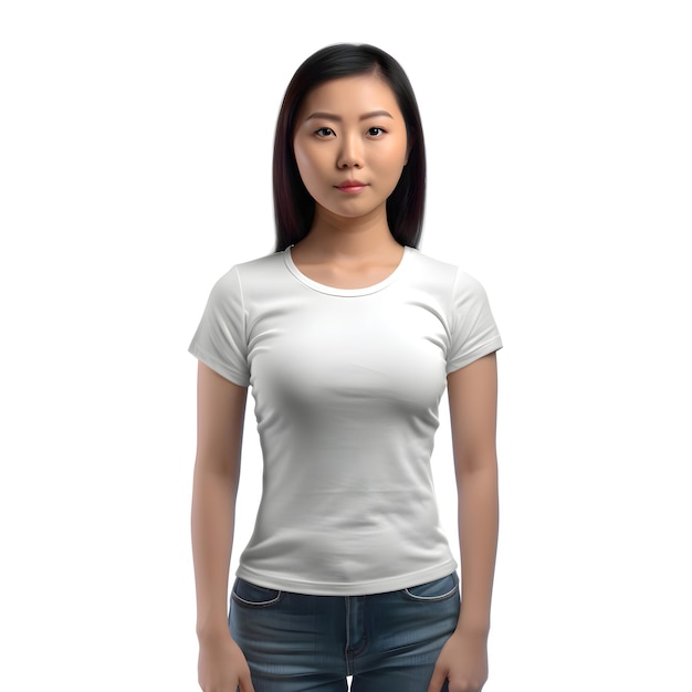 Asian woman wearing blank white t-shirt isolated on white background