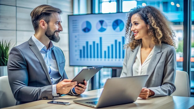 Businesspeople discussing data on laptop and tablet in an office