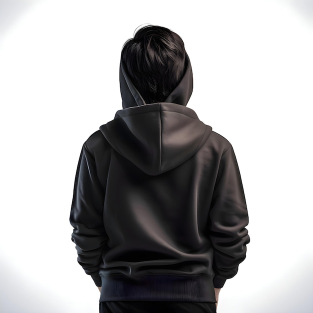 Young man in black hoodie on white background back view