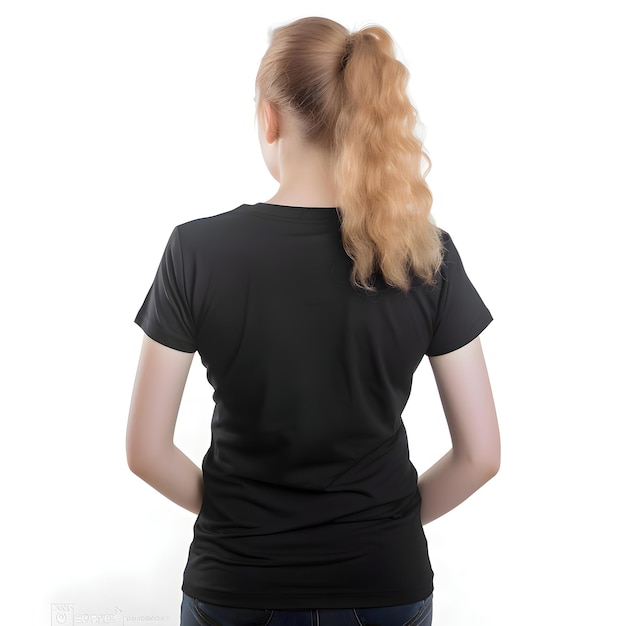 Back View of Woman in Blank Black T-Shirt Isolated on White