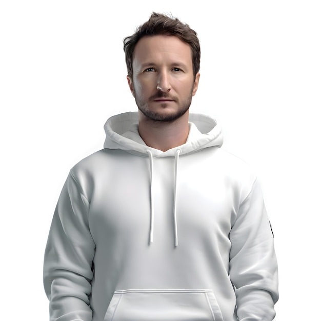 Young Man in White Hoodie on White Background