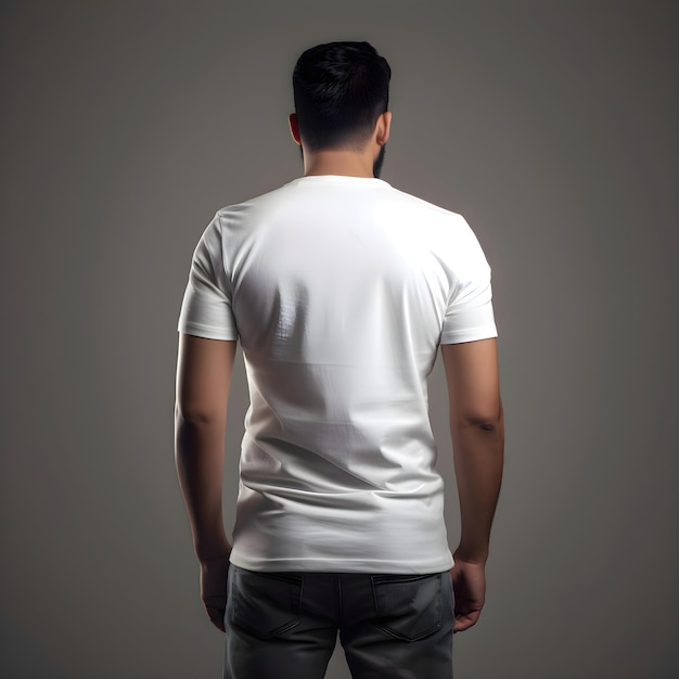 Man in White T-Shirt on Grey Background Back View Mock-Up