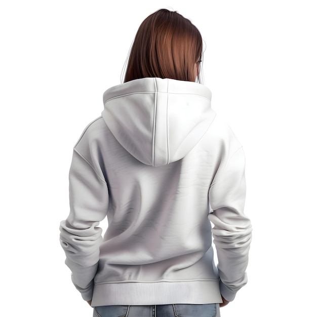 Woman in white hoodie on a white background rear view