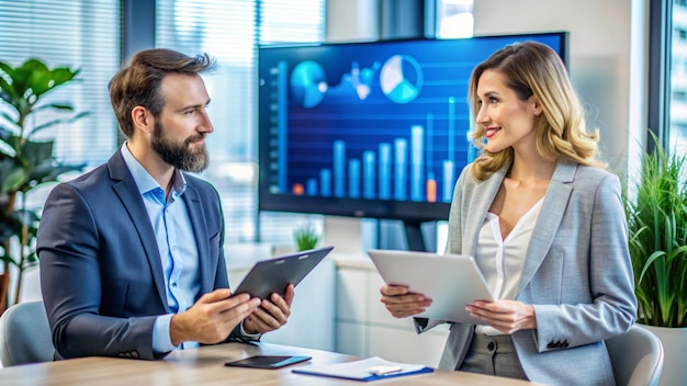 Businesspeople discussing ideas while looking at a tablet