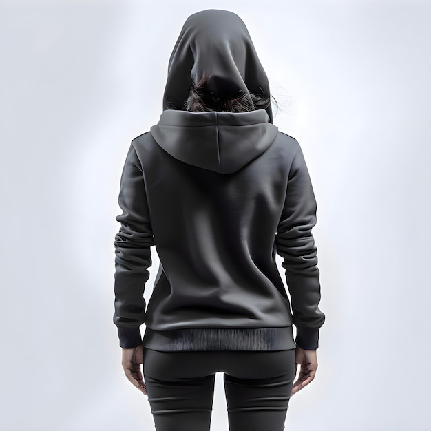 Back view of a young woman in black hoodie on white background