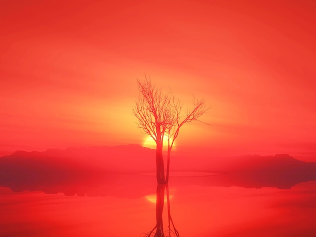 3D Landscape with Solitary Tree Against a Sunset Sky