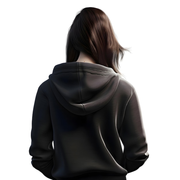 Young woman in black hoodie isolated on white background rear view