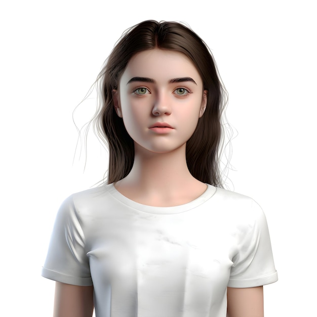 3D Rendering of Teenager Girl in White T-Shirt on White Background