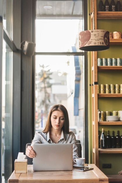 Woman Working with Laptop in Coffee Shop