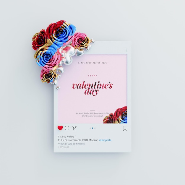 Valentine Vibes Instagram Post Mockup with Cute Roses and Love Hearts