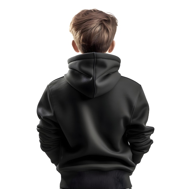 Back view of young man in black leather jacket isolated on white background