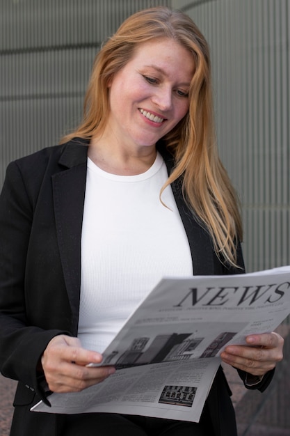 White T-Shirt Apparel Plus Size Businesswoman Reading Newspaper