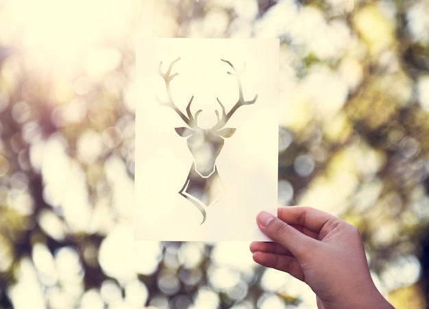 Hand Hold Deer with Antlers Paper Carving with Nature Background