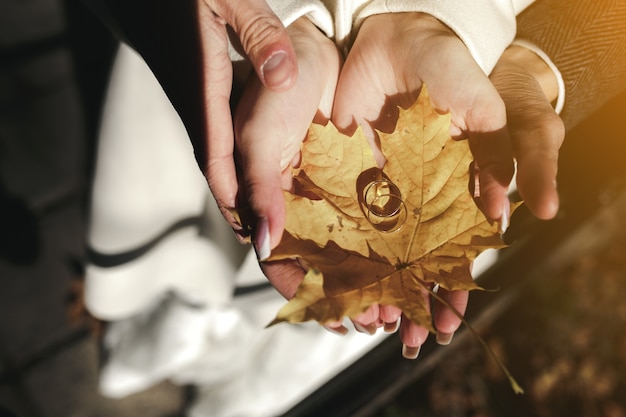 Hands holding a dry leaf with two wedding rings