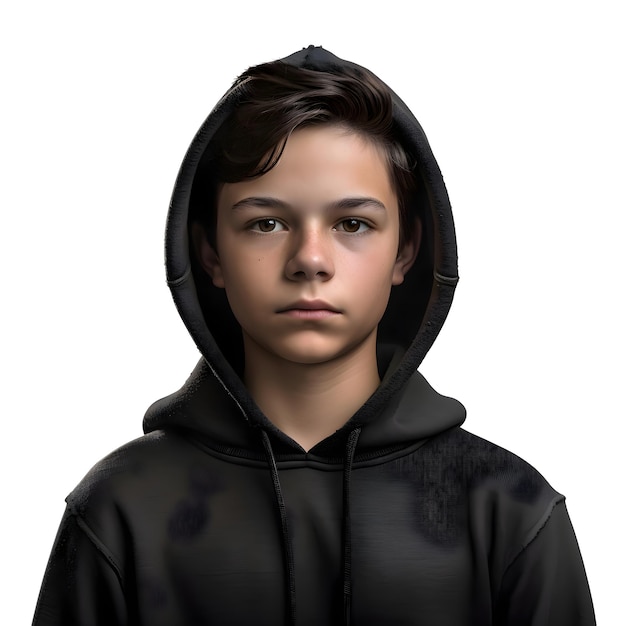 3D Illustration of a Teenage Boy in a Black Hoodie Isolated on White Background