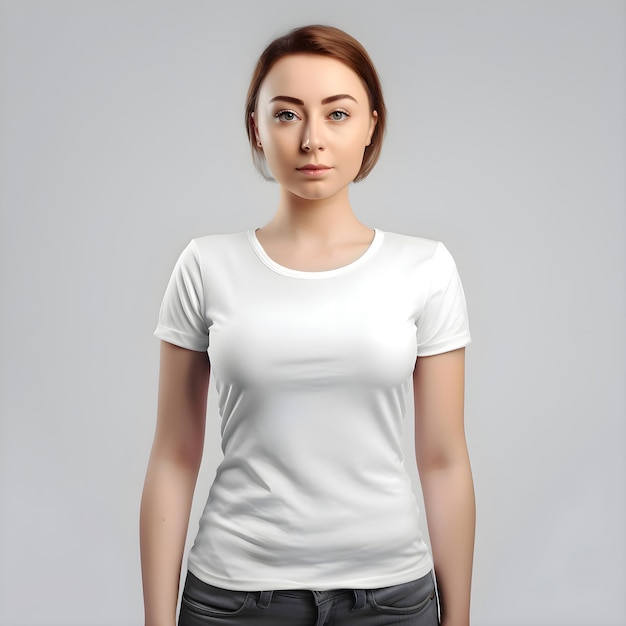 Young woman in white blank t-shirt on grey background mockup