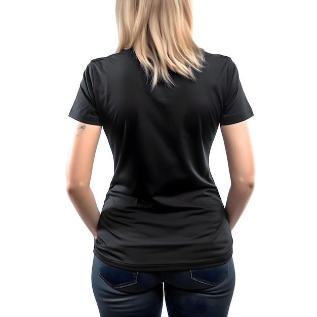 Blonde Girl in Black T-Shirt Isolated on White Background with Clipping Path