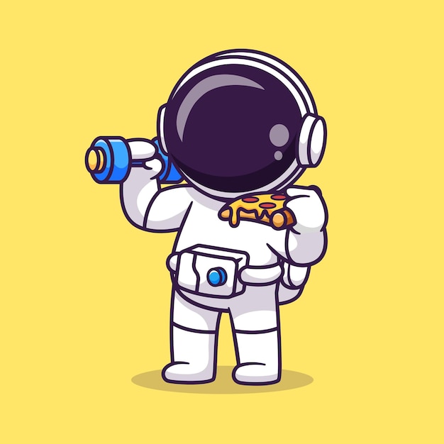 Cute Astronaut Lifting Dumbbell And Pizza Slice Cartoon Vector Icon Illustration