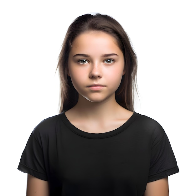 Portrait of a beautiful young girl in black t shirt isolated on white background