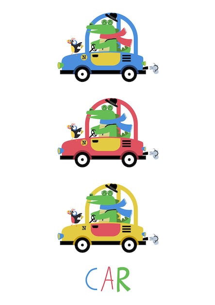 Colorful Set of Vector Illustrations Featuring Driving Crocodile – Free Download