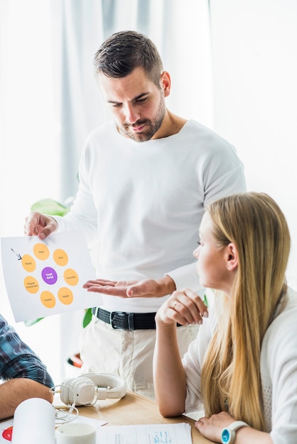 Close-up of a businessman showing graph to his partner in office