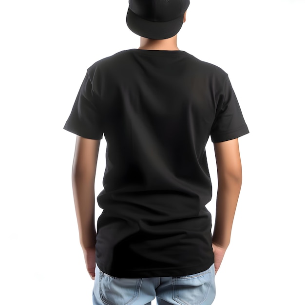 Blank Black T-Shirt Template on Man Isolated on White Background