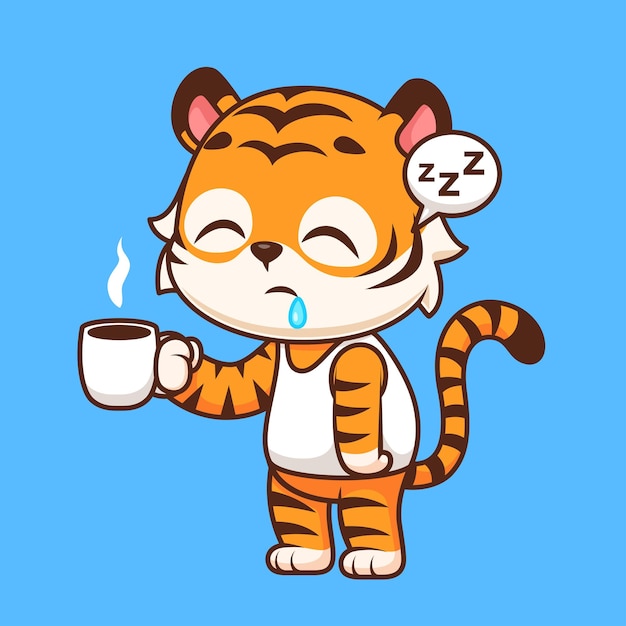 Cute Tiger Sleepy Holding Coffee Cartoon Vector Icon Illustration