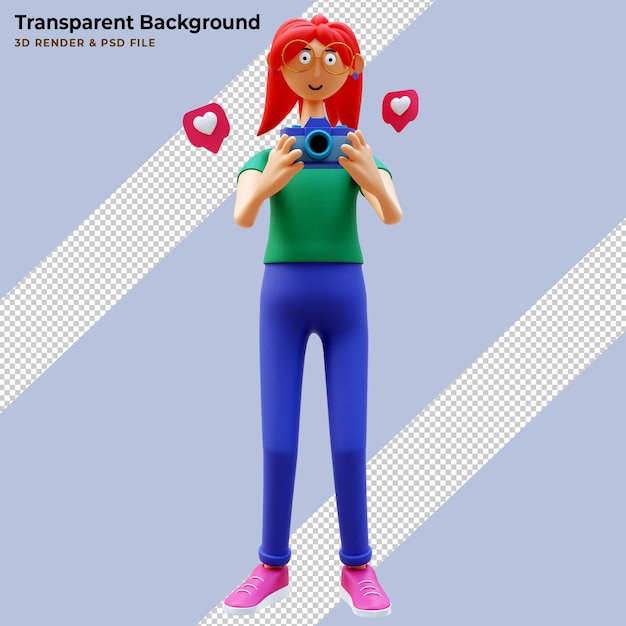 3D Illustration of Standing Cartoon Female Holding Camera Taking Pictures