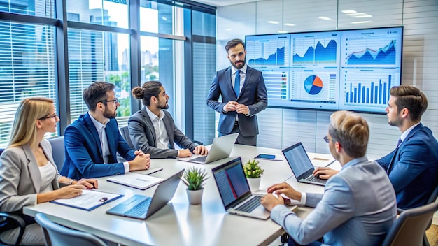 Business people in a meeting reviewing a presentation