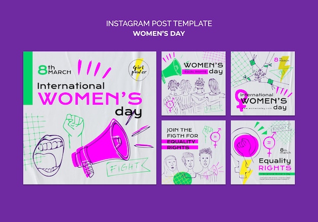 Hand drawn instagram posts collection for women’s day celebration