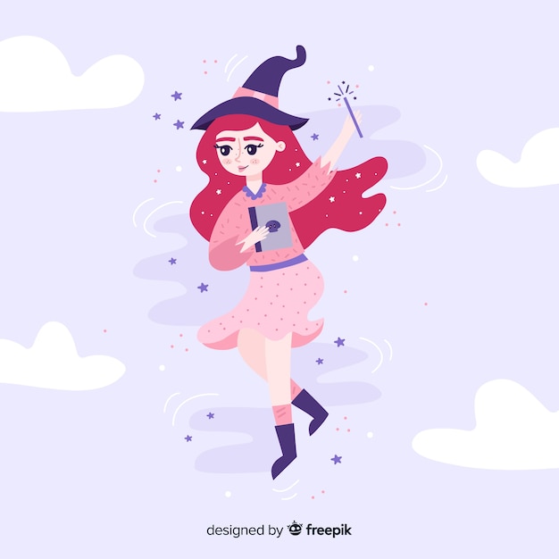 Cute Halloween Witch with Wand Vector Template – Free Download