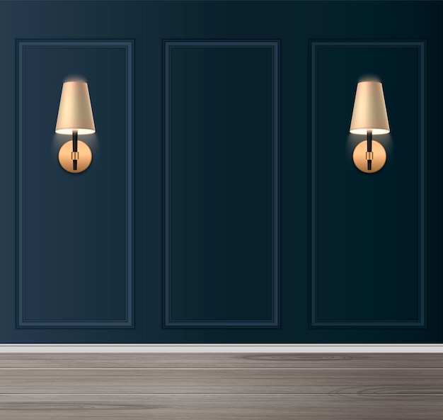 Realistic classic room interior with dark blue panels and glowing wall lamps vector illustration