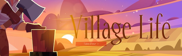 Village Life Web Banner: Villager Chopping Firewood