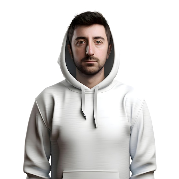 Portrait of a man in a white hoodie on a white background