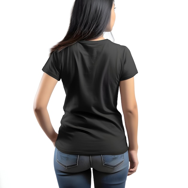 Black T-Shirt Mockup: Female Back Side on White Background