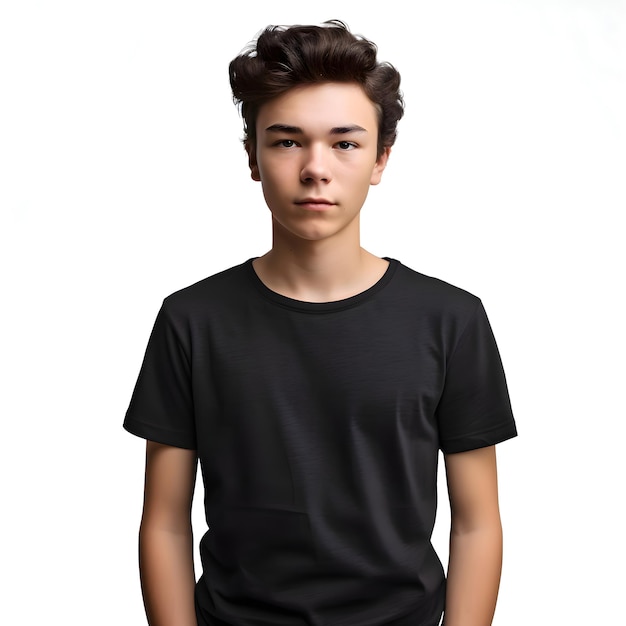 Portrait of a Young Man in Black T-Shirt on White Background