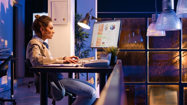 Female employee working on business growth at night