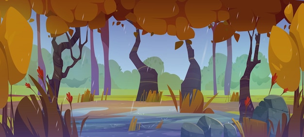 Cartoon forest rain landscape vector background with free download