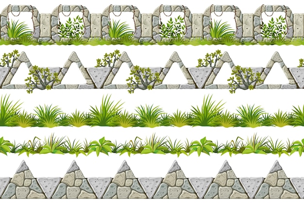 Seamless Border Old Gray Rock and Grass Vector Stone Sidewalks with Leaves