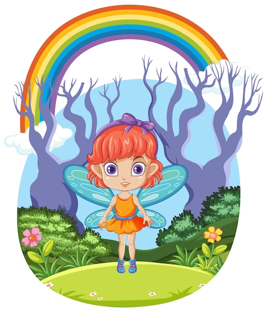 Fairy in the Forest with Rainbow in the Sky Vector Template – Free Download