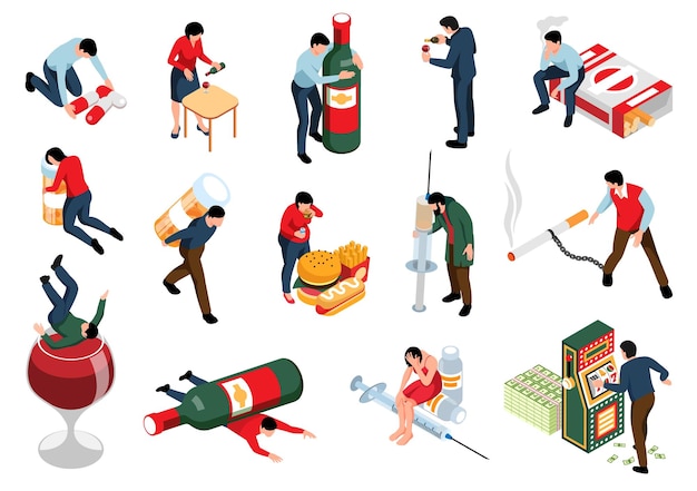 Isometric Set of People with Various Addictions Vector Illustration