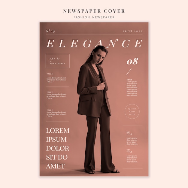 Fashion Newspaper Cover Featuring an Elegant Woman Standing