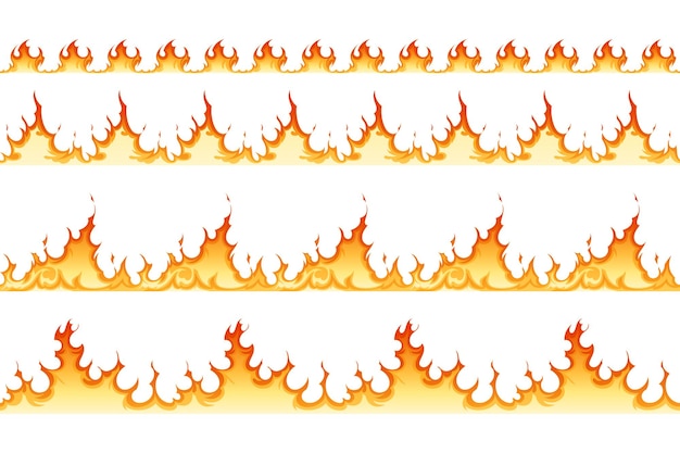 Flat Fire Borders Set with Flames of Different Size Isolated on White Background